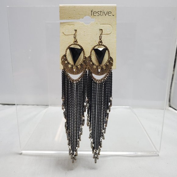 Festive Bohemian fashion black gold tassel fish hook earring - Picture 1 of 6